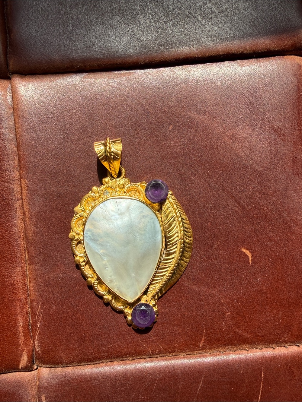 Unique Artisan 18k gold overlay Pendant with Mother-of-Pearl and amethyst NWOT